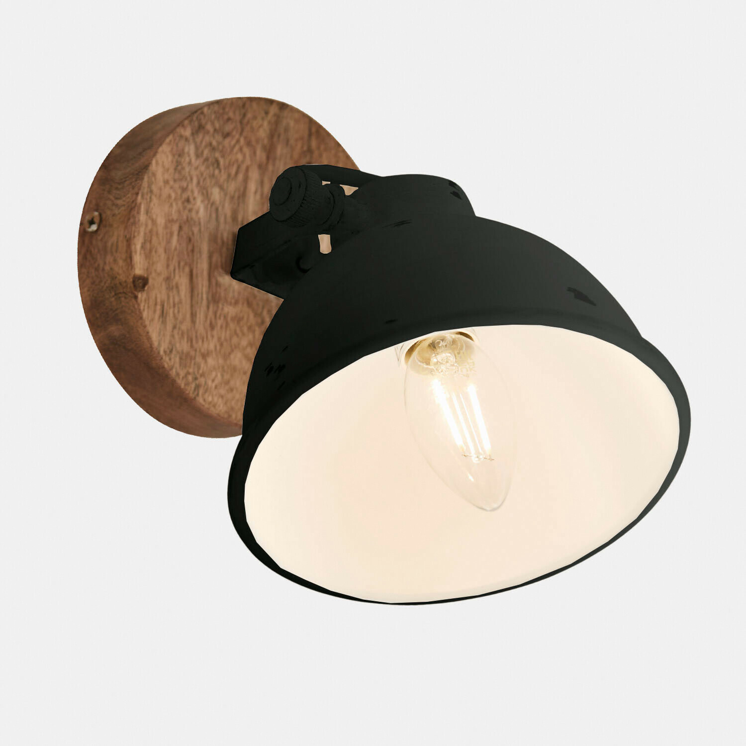 antyczny czarny / brązowy Czarna metalowa lampa ścienna z drewnianą podstawą w kolorze brązowym, styl industrialny
