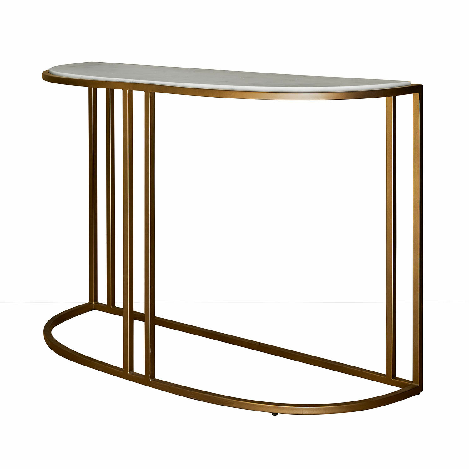 Konsola Soréline Konsola z białym marmurowym blatem i złotą metalową ramą, elegancki mebel do salonu