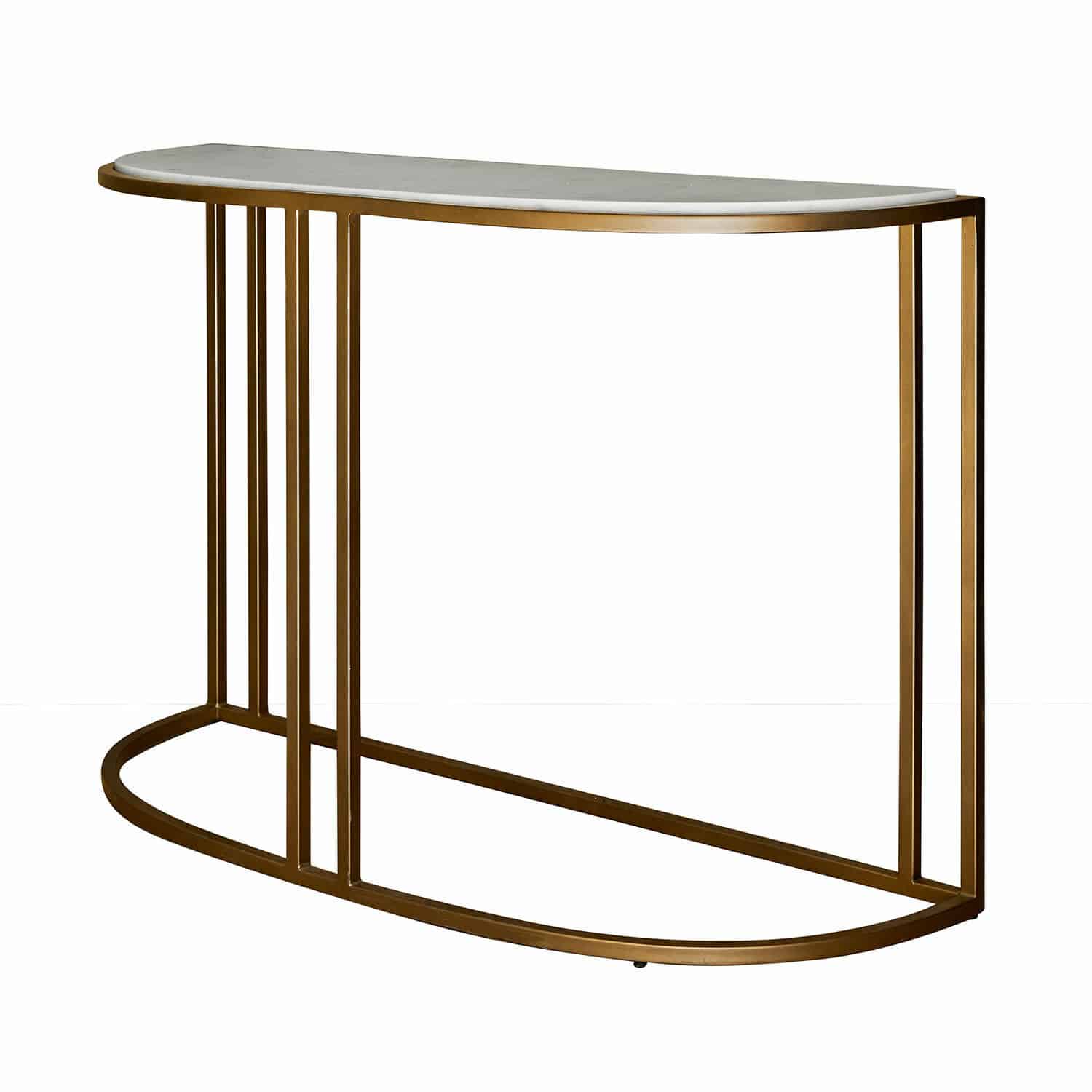 Konsola Soréline Konsola z białym marmurowym blatem i złotą metalową ramą, elegancki mebel do salonu