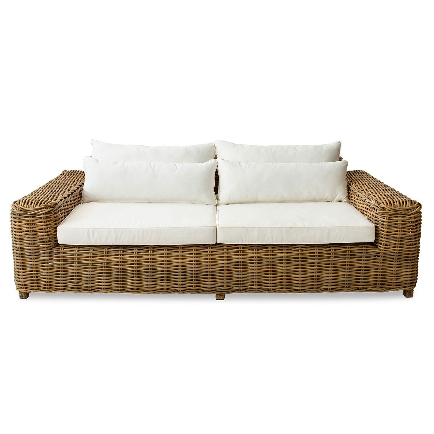 Sofa Camas Sofa z rattanu z białymi poduszkami, mebel wypoczynkowy do salonu lub ogrodu