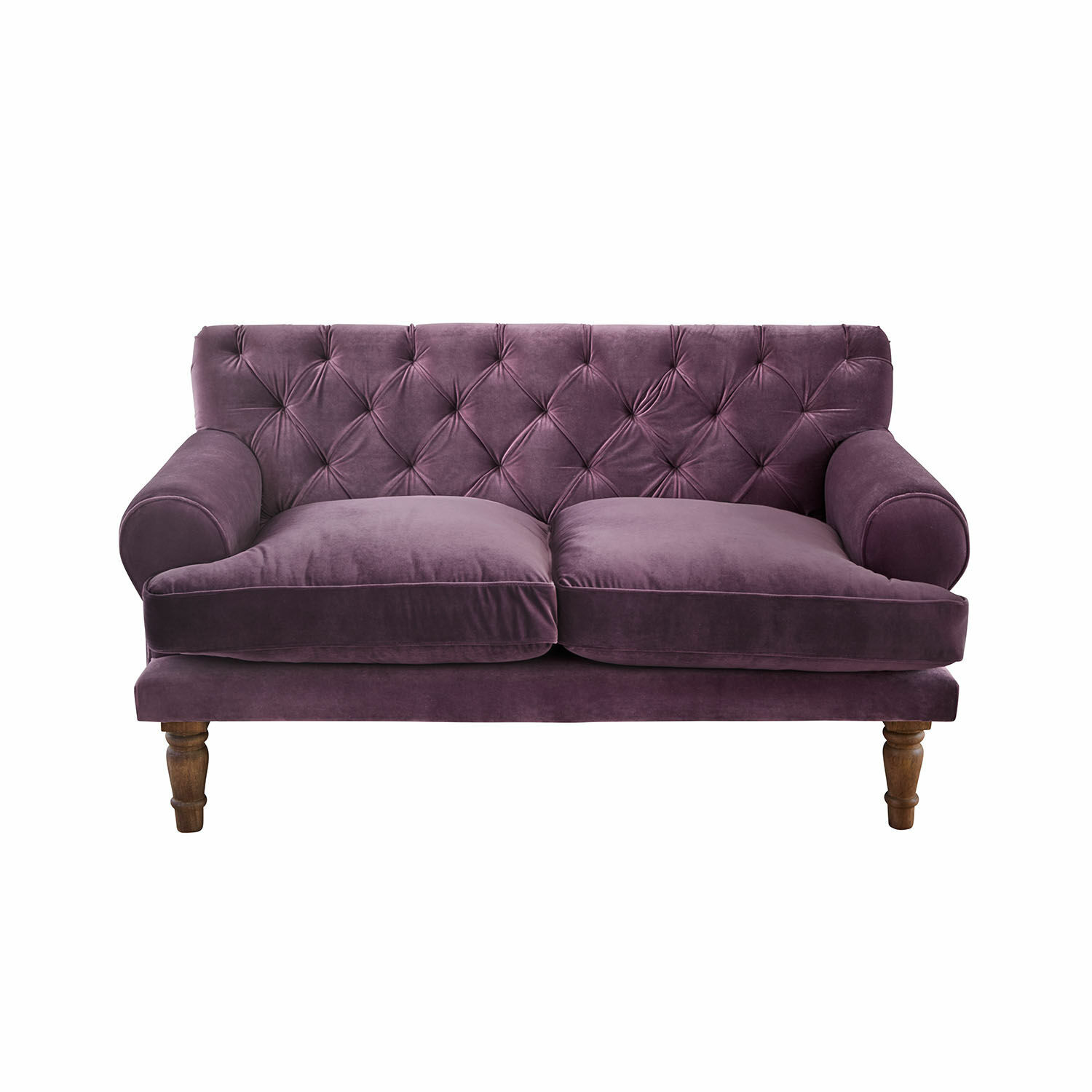 fioletowy Fioletowa sofa z aksamitu z pikowanym oparciem i drewnianymi nogami, elegancki mebel do salonu