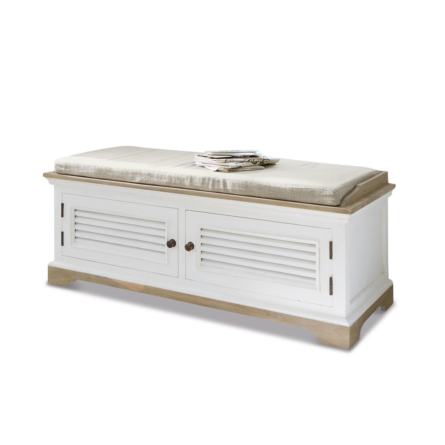 Ławka Frauke Ławka z drewna mango w białym i naturalnym kolorze z beżową poduszką i schowkiem na magazyny