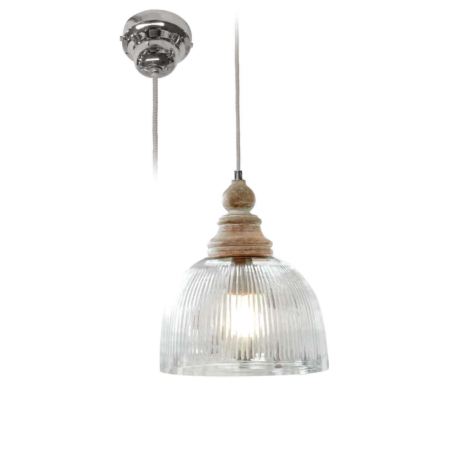 Lampa wisząca Lezáun Wisząca lampa z przezroczystego żebrowanego szkła i drewna w naturalnym kolorze do wnętrz