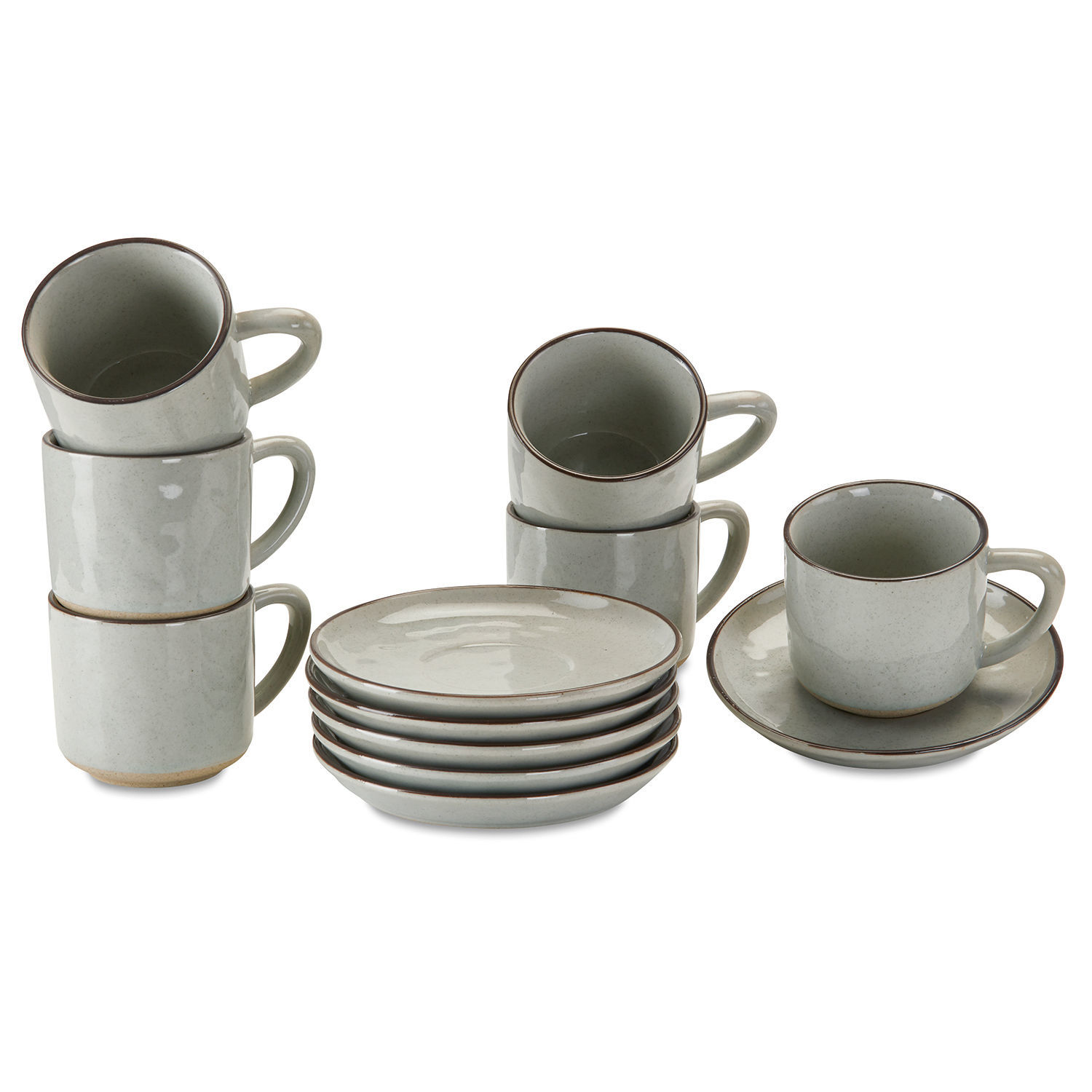 Filiżanka ze spodkiem, zestaw 6 szt. Biarré Zestaw szarych ceramicznych filiżanek i spodków z brązowym rantem do kawy lub herbaty