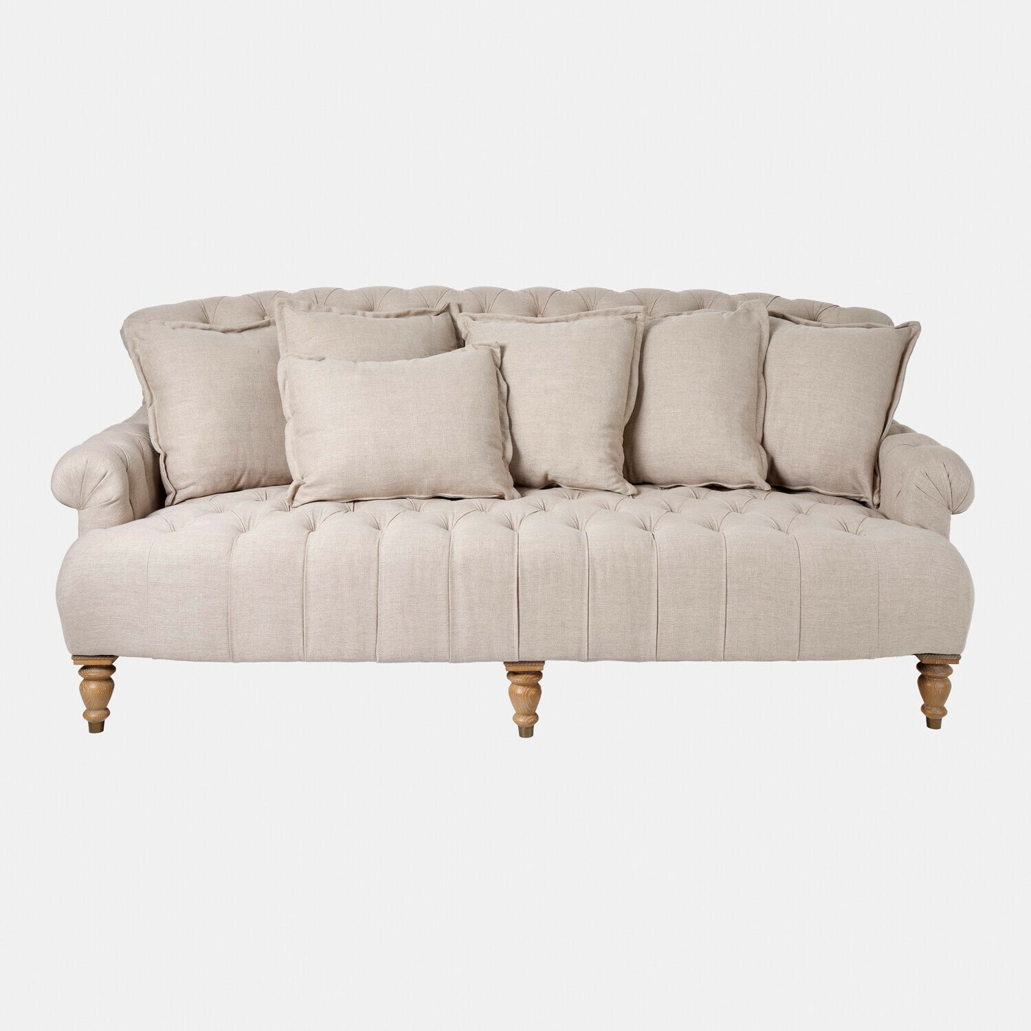 lniany Beżowa sofa Springfield Village z lnu z pikowanym siedziskiem i poduszkami, stylowa i wygodna do salonu