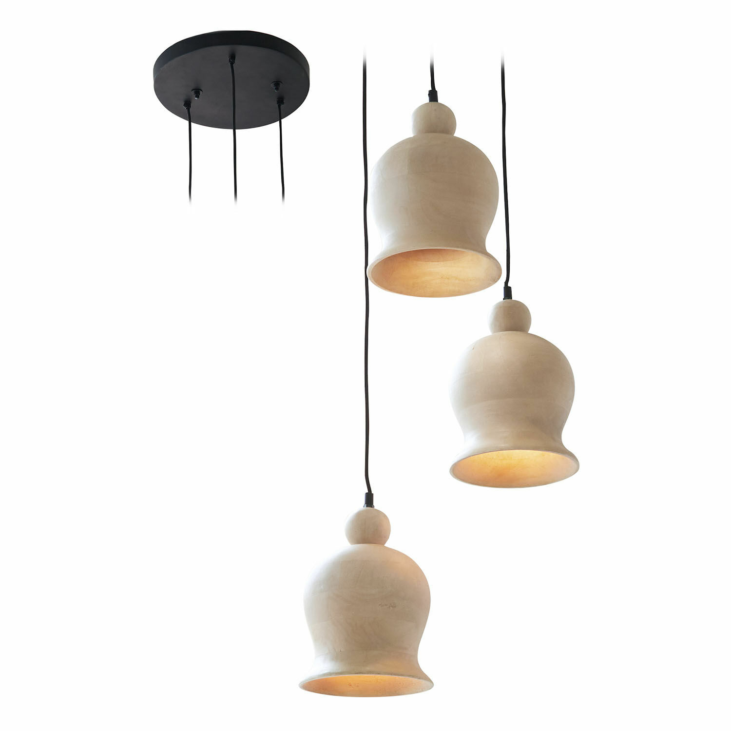 Lampa wisząca Ziravet Trzy wiszące lampy z beżowej ceramiki z czarnymi przewodami i okrągłą czarną podstawą sufitową