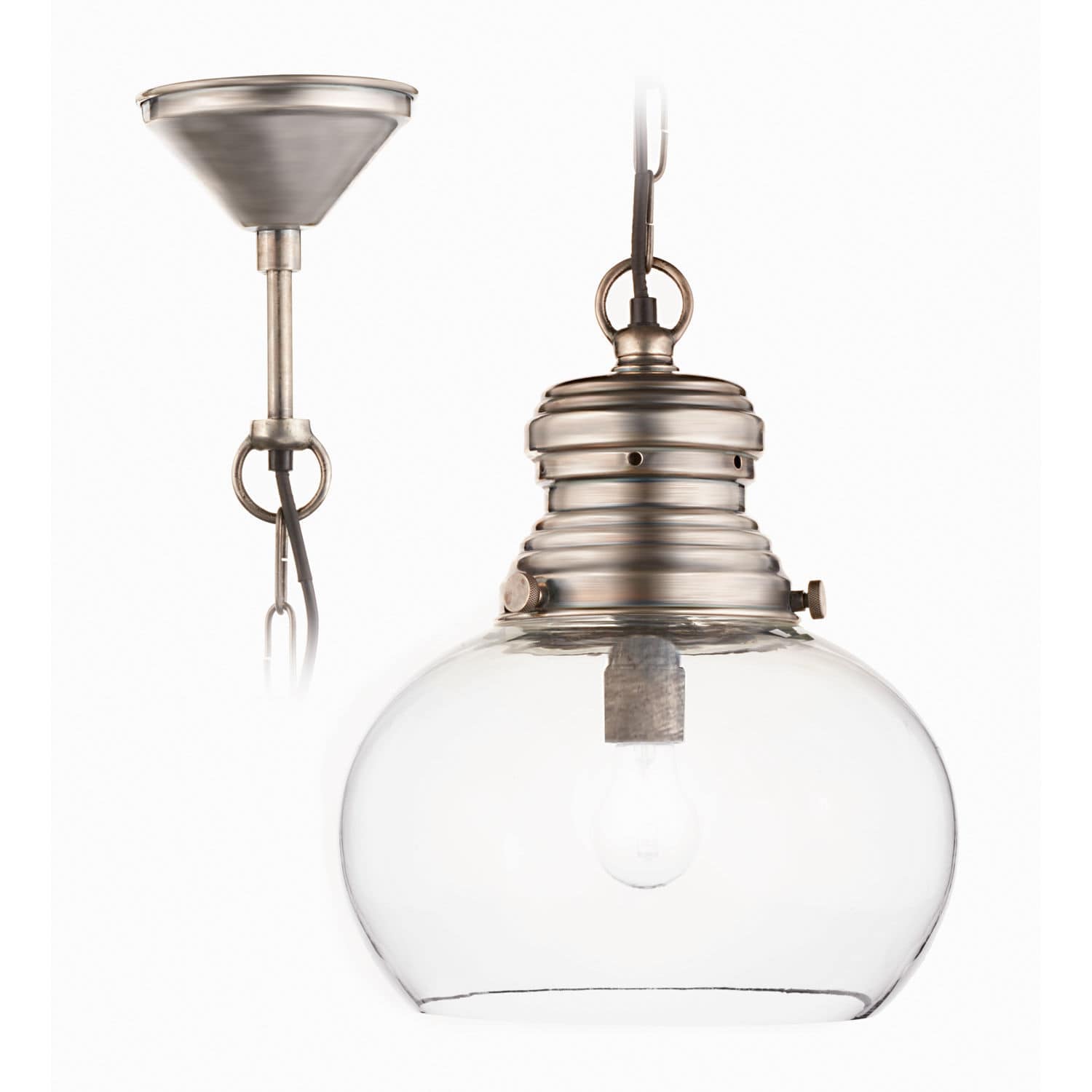 Lampa wisząca Jule Szklana lampa wisząca z metalowym, srebrnym kloszem i przezroczystym kloszem do oświetlenia wnętrz