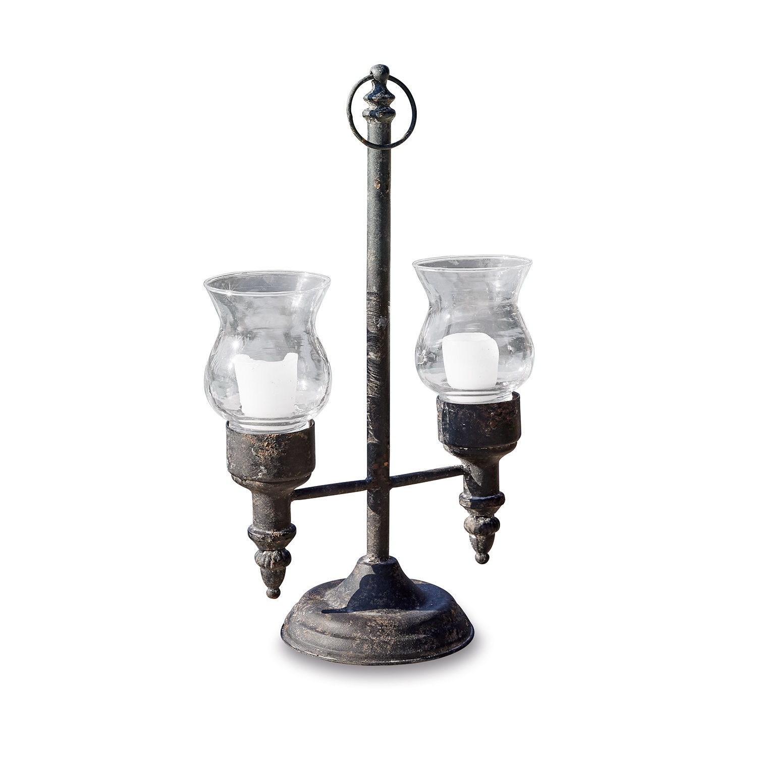 Metalowy świecznik z dwoma przezroczystymi szklanymi osłonami na białe świece, czarny