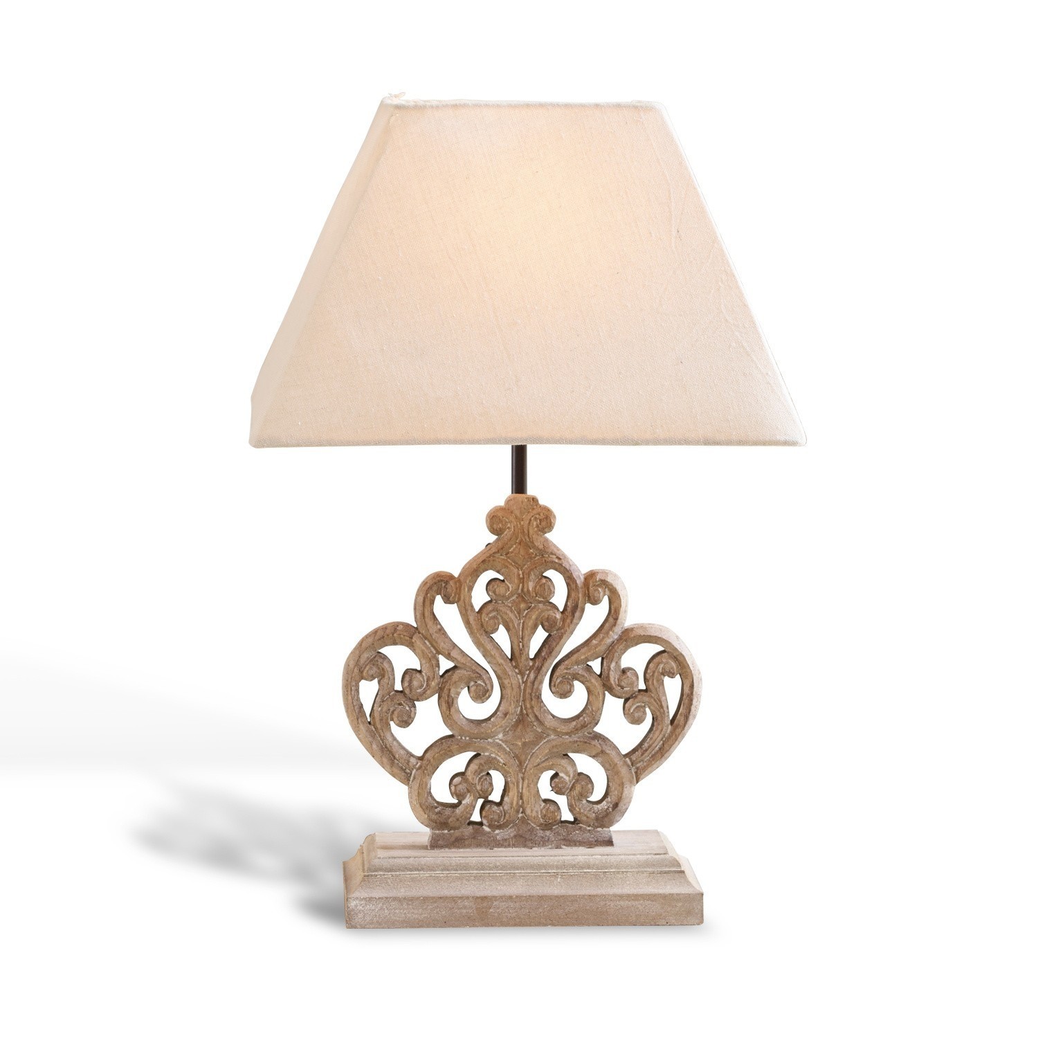 Lampa stołowa Tamee Lampka stołowa z beżowym abażurem i rzeźbioną drewnianą podstawą w stylu vintage