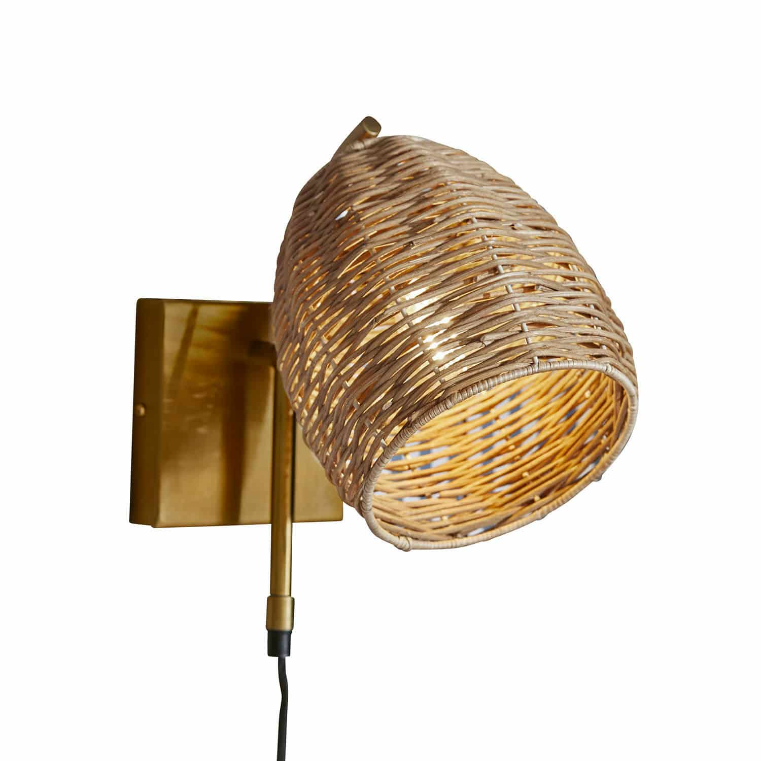 Lampa ścienna Anglemont Kinkiet z rattanu i metalu w kolorze złotym, naturalny abażur, dekoracyjne oświetlenie ścienne