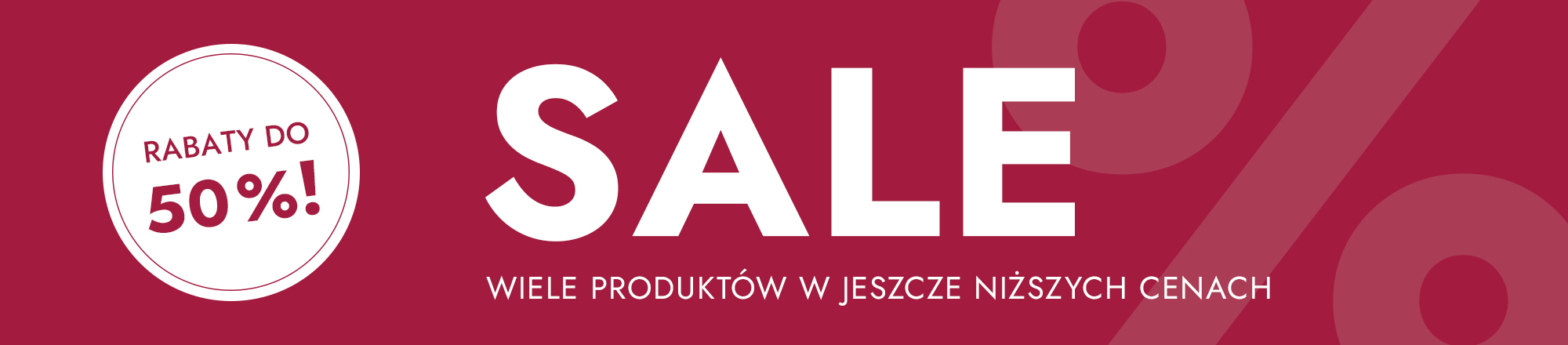 Czerwone tło z napisem SALE i informacją o rabatach do 50 procent na produkty w promocji