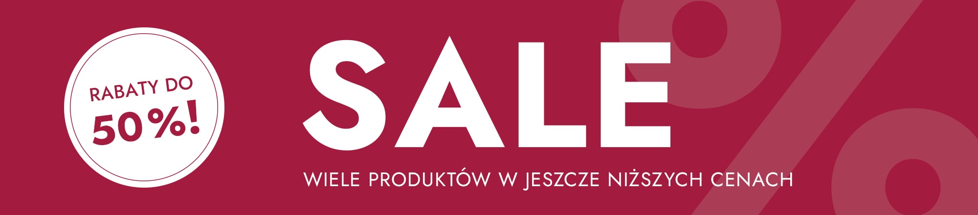 Czerwone tło z napisem SALE i informacją o rabatach do 50 procent na produkty w promocji