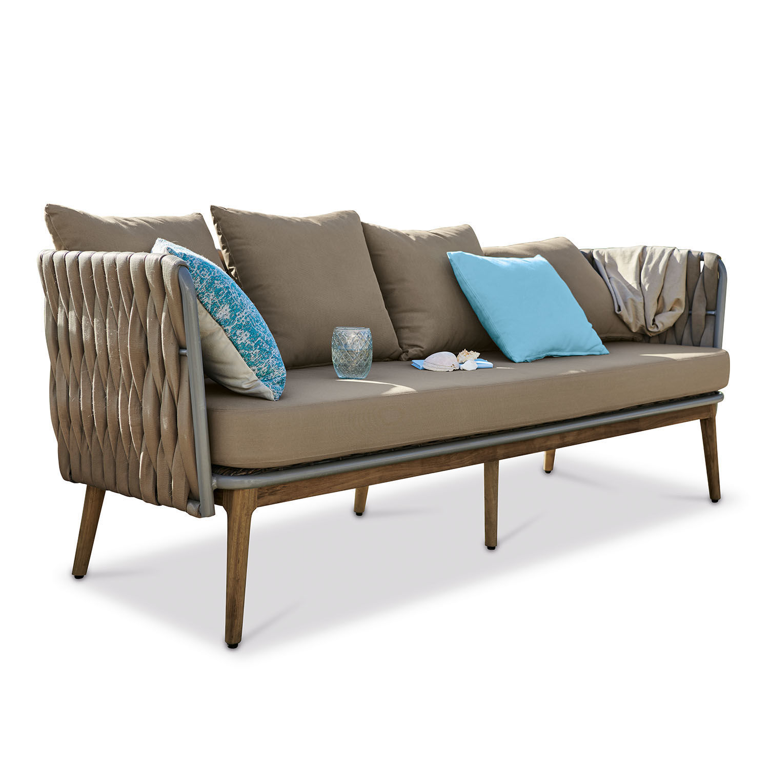 Sofa Siochana Nowoczesna sofa ogrodowa z beżową tkaniną i drewnianą ramą, idealna do relaksu na tarasie