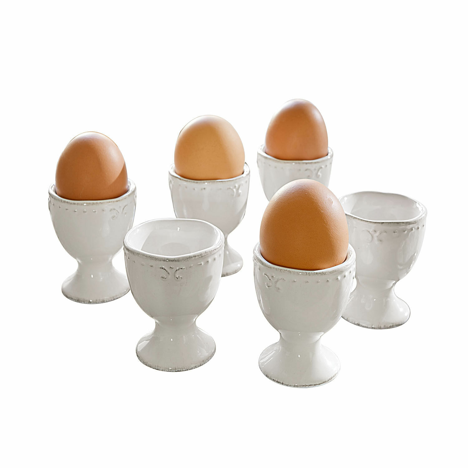 Kieliszek do jajek, zestaw 6 szt. Fontienne Zestaw białych ceramicznych kieliszków na jajka z brązowymi jajkami, klasyczny design kuchenny