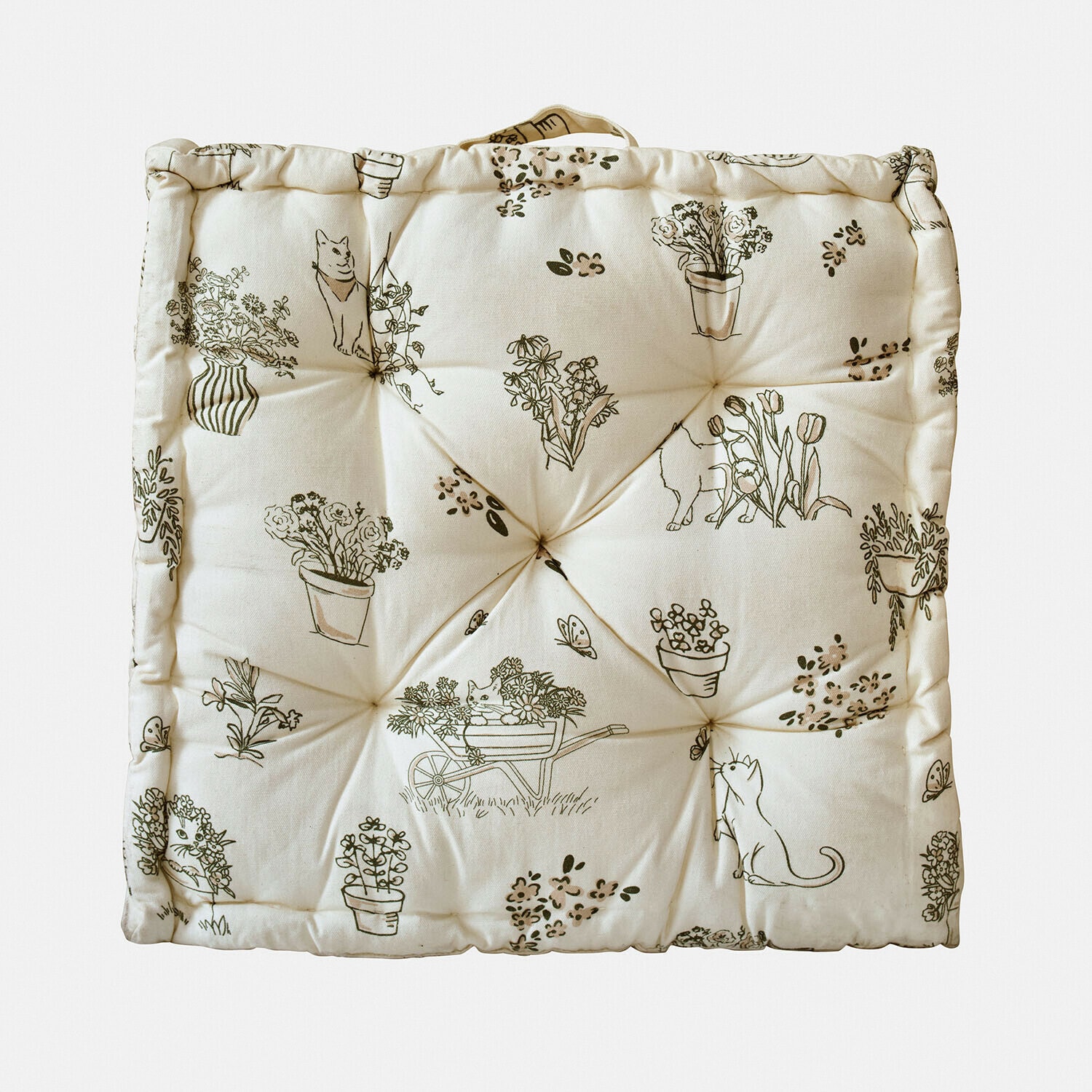 Kwadratowa poduszka na krzesło z bawełny w kremowym kolorze z nadrukiem roślin i kotów, dekoracyjna i wygodna