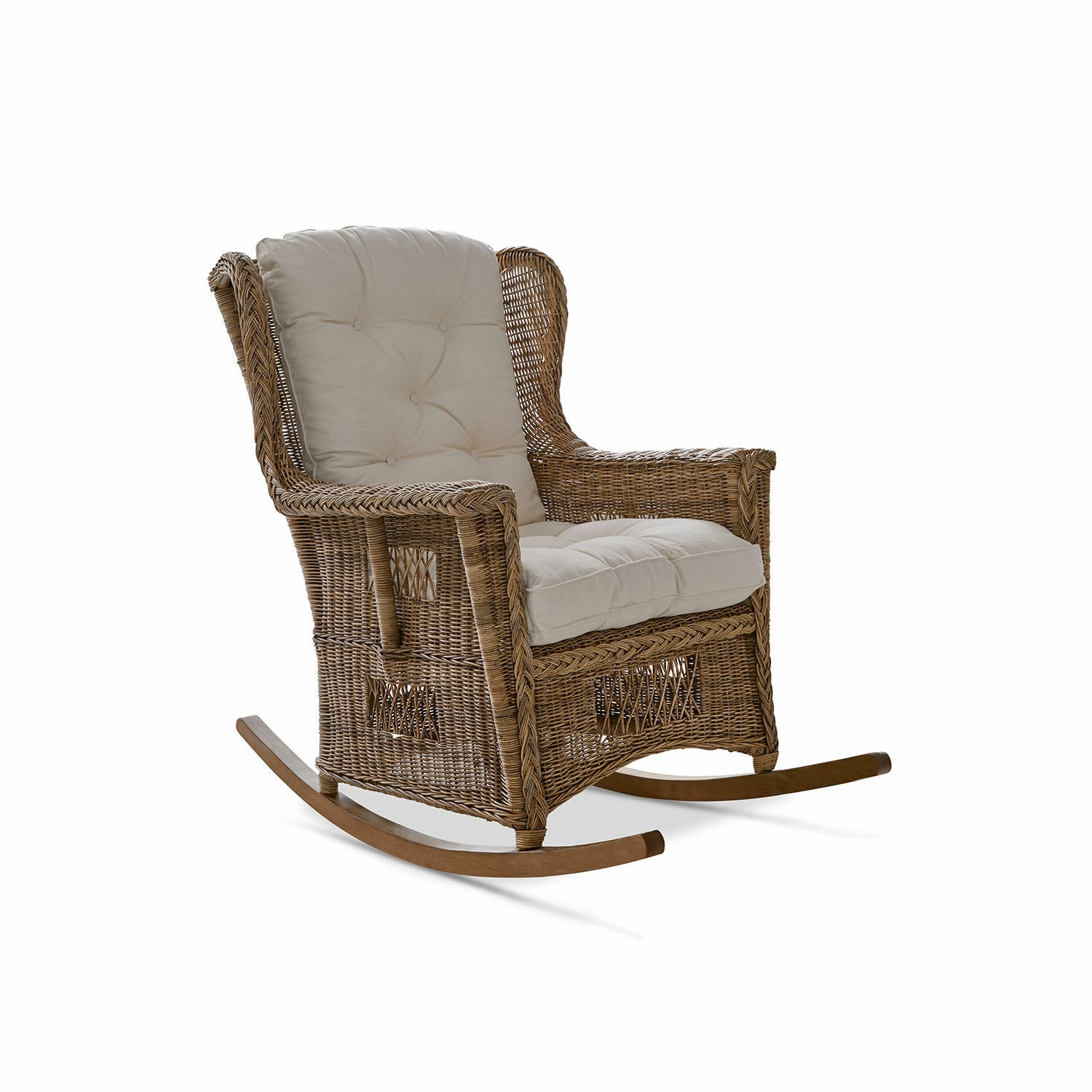 Fotel bujany Jeveren Fotel bujany z rattanu z kremową poduszką, naturalny kolor, wygodny mebel do salonu