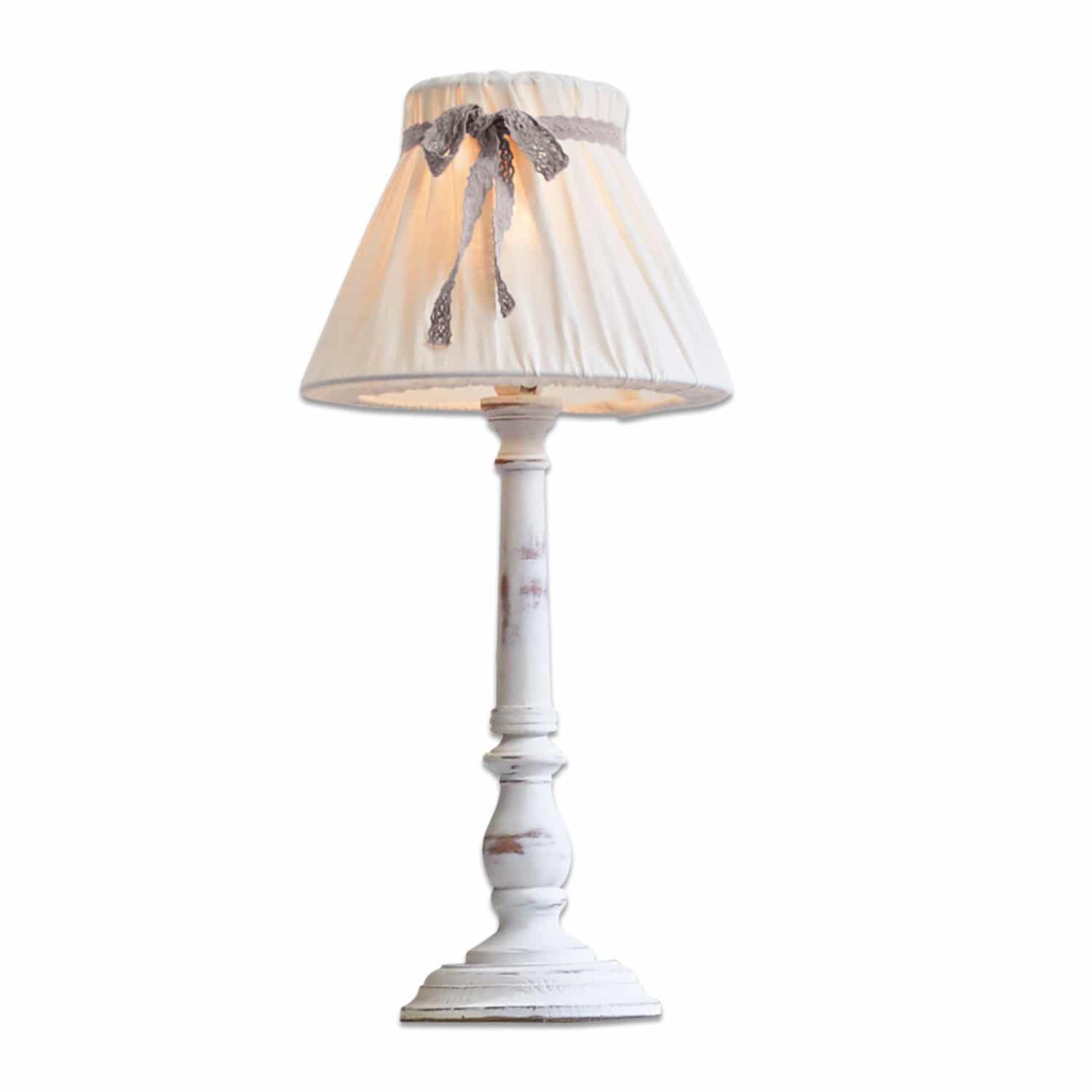 Lampa stołowa Valentin Biała drewniana lampka stołowa z tkaninowym abażurem i szarą kokardą, dekoracyjna lampa do salonu