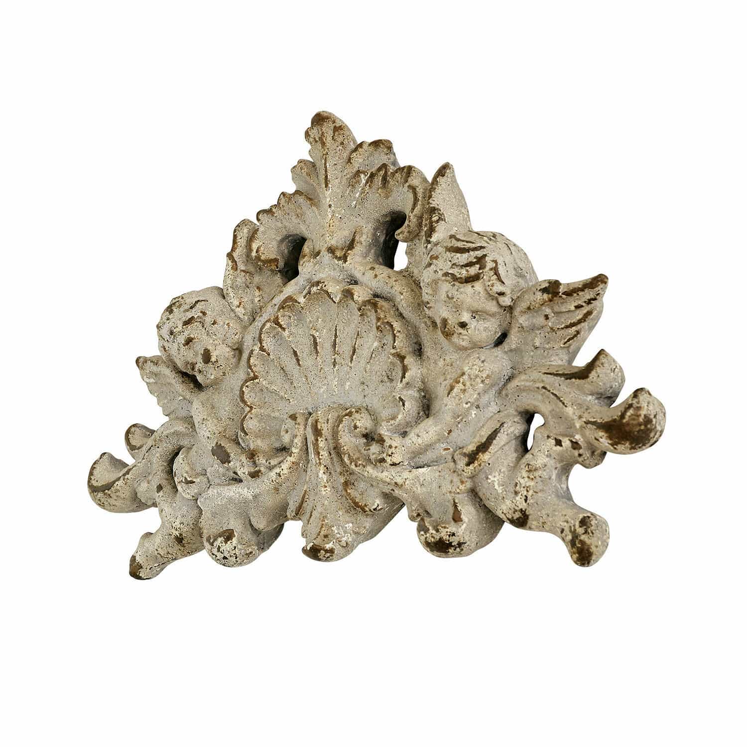 Ozdoba na ścianę Gordian Dekoracyjny ornament z aniołkami z postarzanej białej żywicy do wnętrz vintage
