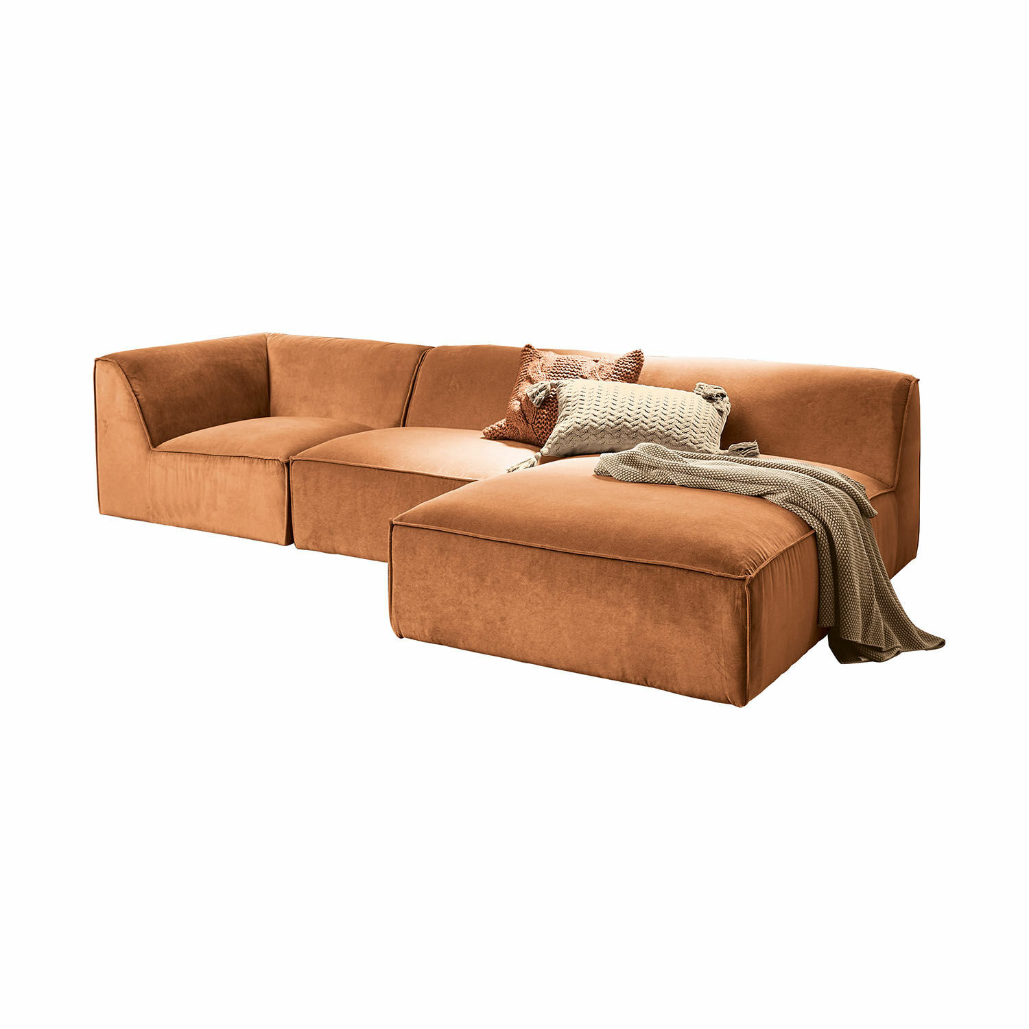 Sofa McLean Brązowa modułowa sofa z miękkiego materiału z poduszkami i kocem do salonu